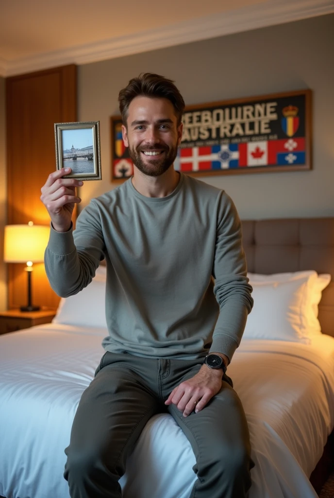 Homme caucasien grand de taille, charmant, un peu costaud, habillé en pantalon et tee-shirt manche longue, assis ou adossé sur une table dans une grande chambre d'hôtel et sur le lit de l'hôtel qu'il soit déposer un cadre photo grand ou moyen qu'il est possible de faire arrêter sur le lit et faire face à la caméra et sur le mur du chevet du lit un tableau sur lequel il est écrit en français : BIENVENUE à MELBOURNE AUSTRALIE et autour de la phrase qu'il y ait les emblèmes du Canada Québec ou le drapeau du Canada Québec