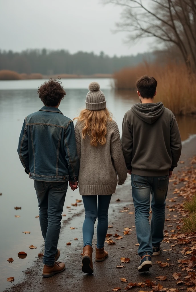 Three friends sad walking at the lake