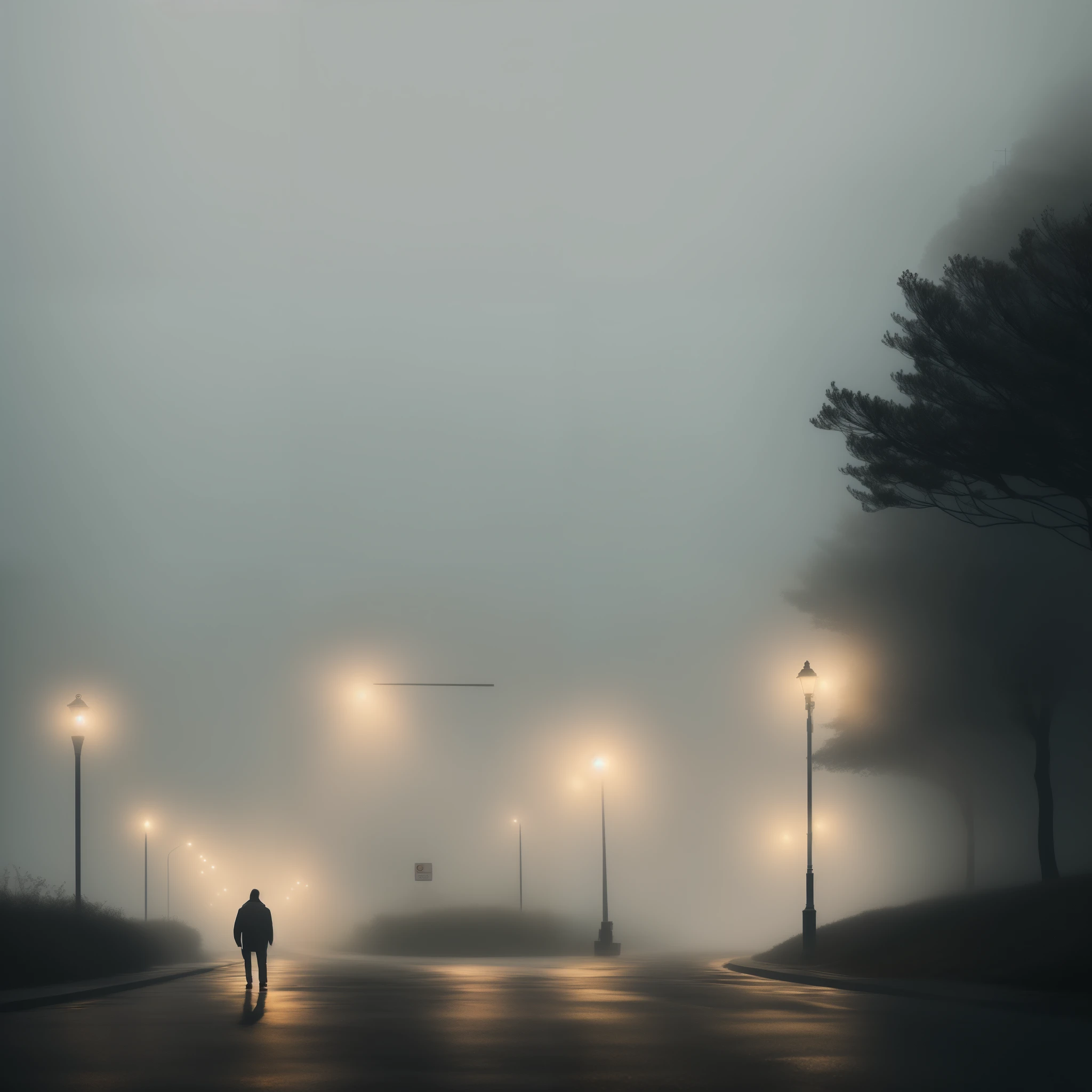 (album cover), illustration, a man, walking alone, morning, foggy
