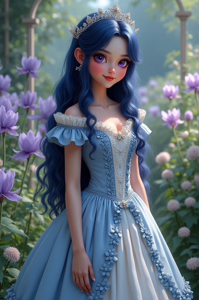 A girl, Long purple Victorian dress Covering chest, Closed mouth, (((Long Hair))),Standing, Bodice and skirt pattern, Frilled Skirt, race, Wink wink effect, (((Lip detail))), garden, Light purple and white flowers, (( Realistic Skin)), Glowing Skin, ((Glossy Red Lips)), Purple eyes, Portrait, beautiful, smile, (((Dark blue hair))),