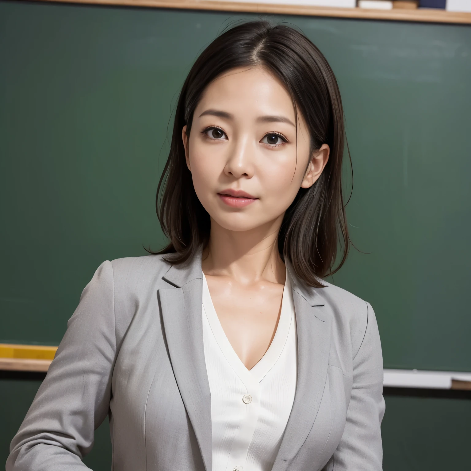 High resolution, High level image quality, high detail, masterpiece, rough skin, anatomically correct, sharp,
classroom background, ((japanese mature, 40 years old)), solo, ((facial wrinkles)), Straight light brown hair that reaches to the shoulders,
(((writing on the blackboard,))), Staring straight ahead with an open mouth and a tired face,
((gray blazer, white blouse, white skirt,))