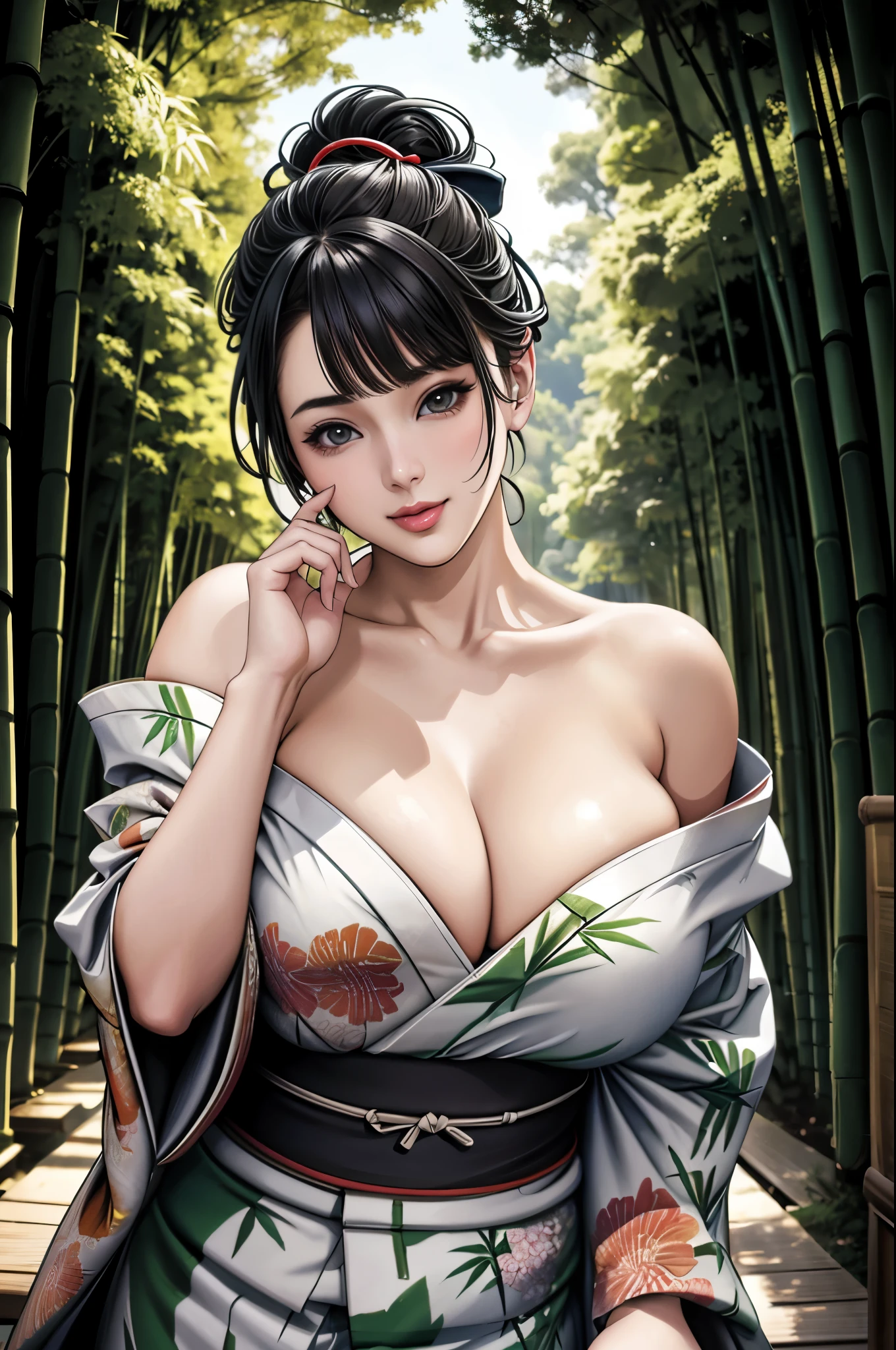 (Browsing Caution), (RAW Photos), (Realistic), (Photorealistic), Ultra-high resolution, masterpiece, Highest quality, Portraiture, facial Portraiture, Perfect lighting, Detailed lighting, Dramatic Shadows, Ray Tracing, Pure Eros Face_v1, Urzan-6500-v1.1, ((gentle smile)), ((upper body:1.2)), ((random sexy pose)), looking at viewer, ((wearing a kimono)), ((off shoulders kimono:1.2)), ((in Bamboo forest:1.2)), ((night:1.2)),