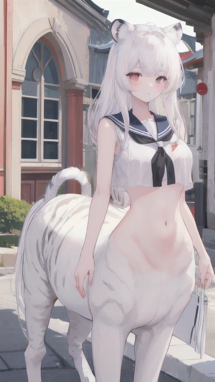 (best quality, masterpiece), 1 girl, centaur, I beg, White skin, Korean schoolgirl, ,black pink, exposing the abdomen, beautiful girl perfect, White tiger photo, 완벽한 White tiger photo