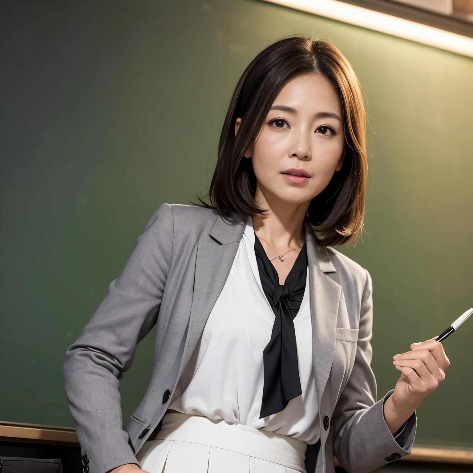 High resolution, High level image quality, high detail, masterpiece, rough skin, anatomically correct, sharp,
classroom background, ((japanese mature, 40 years old)), solo, ((facial wrinkles)), Straight light brown hair that reaches to the shoulders,
(((writing on the blackboard,))), Staring straight ahead with an open mouth and a tired face,
((gray blazer, white blouse, white skirt,))