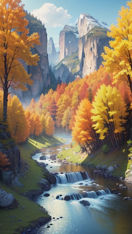 autumn. Valley, Mountains, River, forests, fields. (masterpiece, top quality, Best quality, official art, beautiful and aesthetically pleasing:1.2), extremely detailed,(fractal art:1.2),colorful,The most detailed, (Many colors:1.4). ((split. elegance. photorealism. unreal engine. 3D model. Ultra high quality textures. high detail. permission 8k))