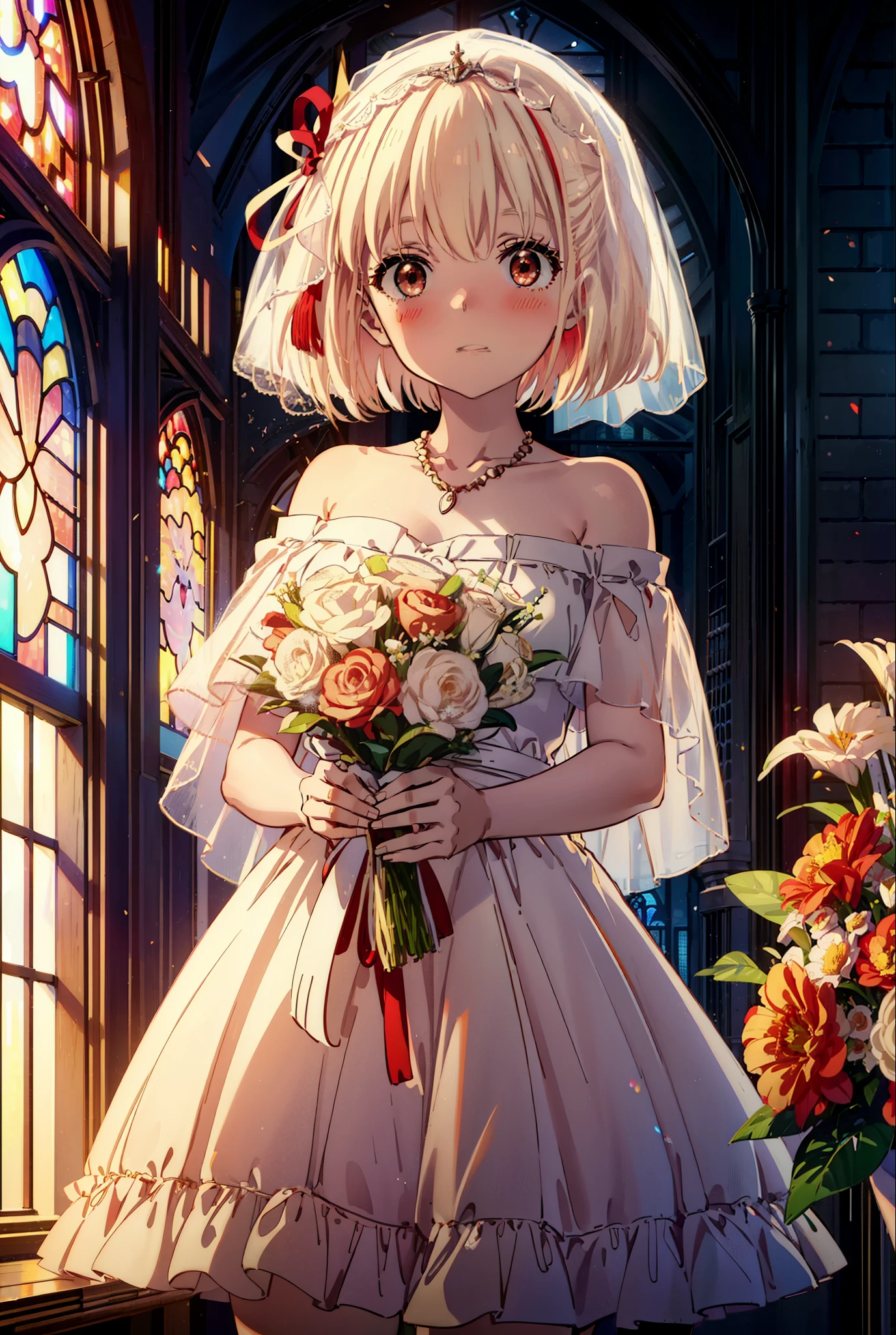 chisato nishikigi, short hair, bangs, blonde, (Red eyes:1.5), Hair Ribbon, One side up, Bobcut,Veil,off-the-shoulder wedding dresses,necklace,Veil,wedding long skirt,Stained glass,holding a bouquet of flowers in both hands,smile,blush,It's like being completely immersed in an illustration.,Daytime,sunny,
break indoors, Chapel,church,
break looking at viewer, Upper Body,(Cowboy Shot:1.5),
break (masterpiece:1.2), Highest quality, High resolution, unity 8k wallpaper, (shape:0.8), (Beautiful attention to detail:1.6), Highly detailed face, Perfect lighting, Highly detailed CG, (Perfect hands, Perfect Anatomy),