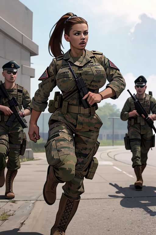 group of female soldiers, war photography, (cinematic lighting:1.1), highest quality, photo of (group of fully dressed really tanned 20yo sexy muscular female army special forces with taut clothing military top, ponytail hair, running holding a rifle), (bouncing breasts, motion lines, motion blur), too tight military shirt, medium_boltedontits, perfectly round breasts, breast implants, unaligned breasts, perfect face, parted lips, dumb expression, (wearing military Combat uniform, battlepack, boots:1.2), athletic body, on the battlefield, fake tits, bootsnutes