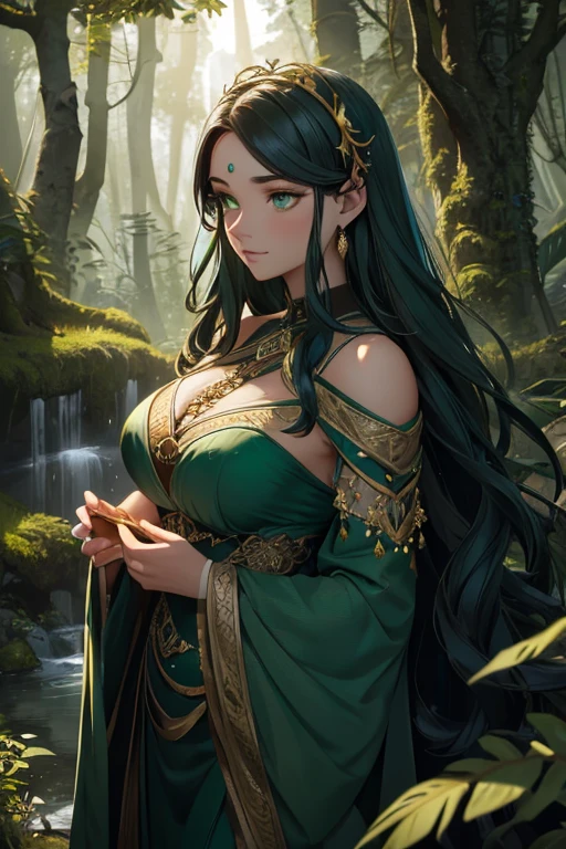 A breathtakingly beautiful female ogre, her emerald eyes sparkling with intelligence and a hint of mischief. Her skin, a soft, glowing shade of olive, contrasts with her lush, dark green hair that cascades down her broad, powerful shoulders in thick waves. She wears an elegant gown made from the finest woven vines and leaves, adorned with an array of colorful, luminescent fungi that accentuate her voluptuous figure. The dress clings to her form, revealing the gentle curve of her waist and the muscular definition of her arms and legs. Her hands, though large and calloused from a life of hard work, are delicately poised, showcasing elegant claws and intricate henna tattoos that climb up to her elbows. The background is a serene forest glade bathed in soft moonlight, with bioluminescent plants casting an ethereal glow across the scene. She stands with confidence, one hand resting on the trunk of an ancient, moss-covered tree, while the other holds a bouquet of exotic flowers, her expression a blend of grace and approachability. The scene is a harmonious blend of nature and beauty, challenging traditional notions of attractiveness as the allure of this enchanting creature captivates the viewer, leaving them to wonder about the stories hidden in the depths of her enigmatic gaze.