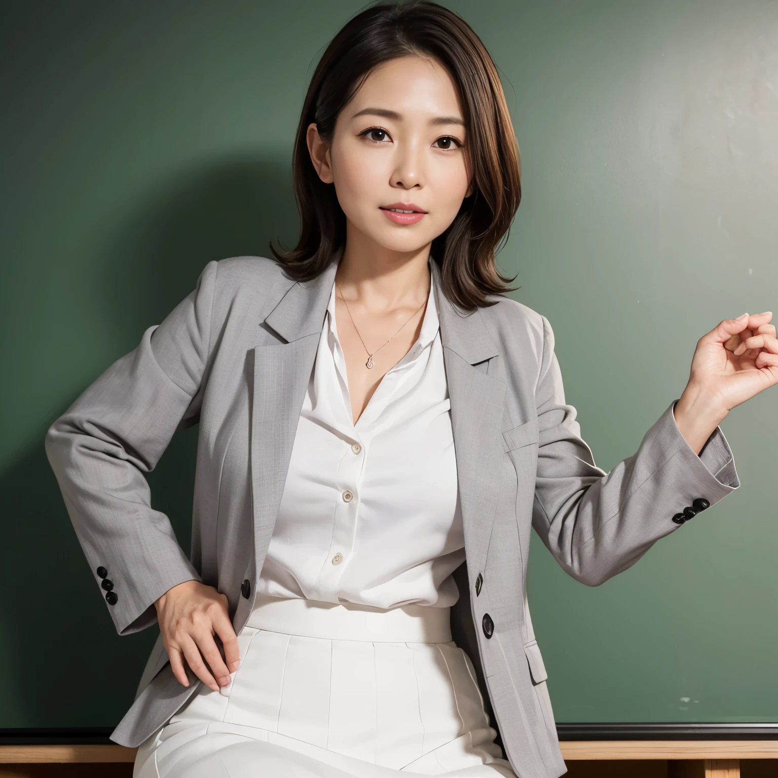 High resolution, High level image quality, high detail, masterpiece, rough skin, anatomically correct, sharp,
classroom background, ((japanese mature, 40 years old)), solo, ((facial wrinkles)), Straight light brown hair that reaches to the shoulders,
(((writing on the blackboard,))), Staring straight ahead with an open mouth and a tired face,
((gray blazer, white blouse, white skirt,))