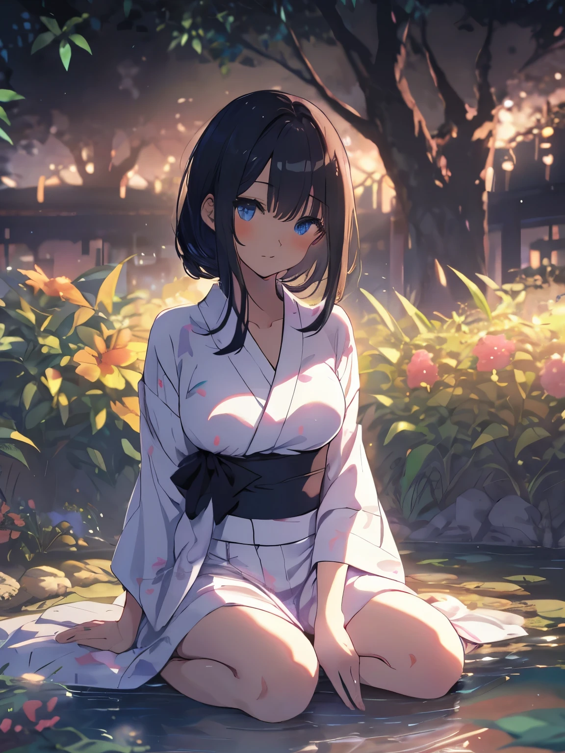 best quality, masterpiece, (独奏:1.4), (1 Female:1.4)、Adult women、Larger breasts、(Slender figure)、(sitting on the edge:1.5)、(Cool colored yukata:1.3)、(White highlight in pupil:1.2)、(Dark blue eyes)、(beautiful eyes)、(Black-haired:1.2)、(Tie your hair back:1.5)、(Blur the background to make the woman stand out:1.3)、(Simple Background)、(Summer Garden:1.3)、(Japanese Garden)、(Evening Garden)