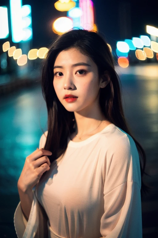 (Cinematic aesthetics:1.4) Bokeh city night photo of beautiful Korean fashion model