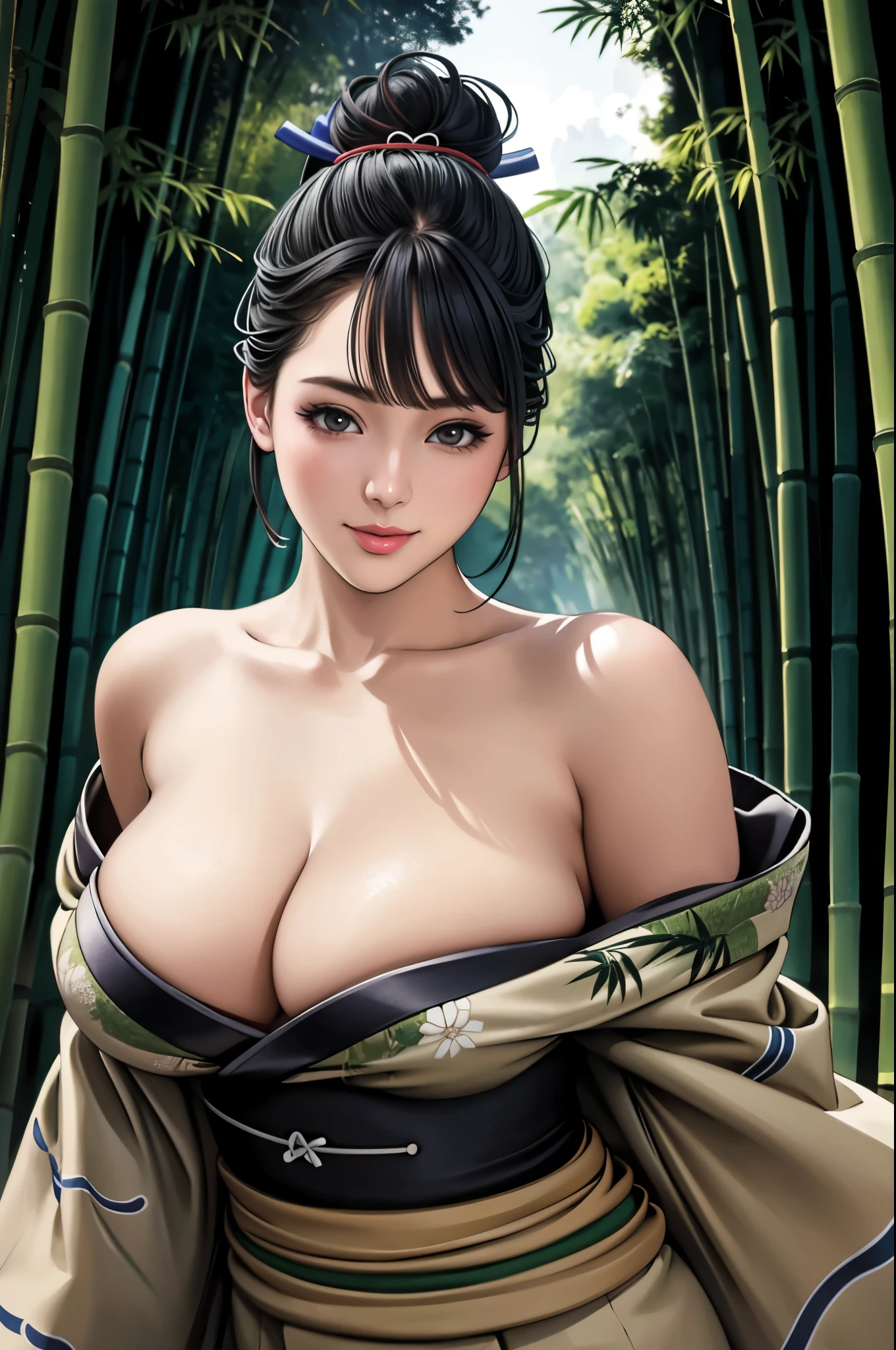 (Browsing Caution), (RAW Photos), (Realistic), (Photorealistic), Ultra-high resolution, masterpiece, Highest quality, Portraiture, facial Portraiture, Perfect lighting, Detailed lighting, Dramatic Shadows, Ray Tracing, Pure Eros Face_v1, Urzan-6500-v1.1, ((gentle smile)), ((upper body:1.2)), ((random sexy pose)), looking at viewer, ((wearing a kimono)), ((off shoulders kimono:1.2)), ((in Bamboo forest:1.2)), ((night:1.2)),