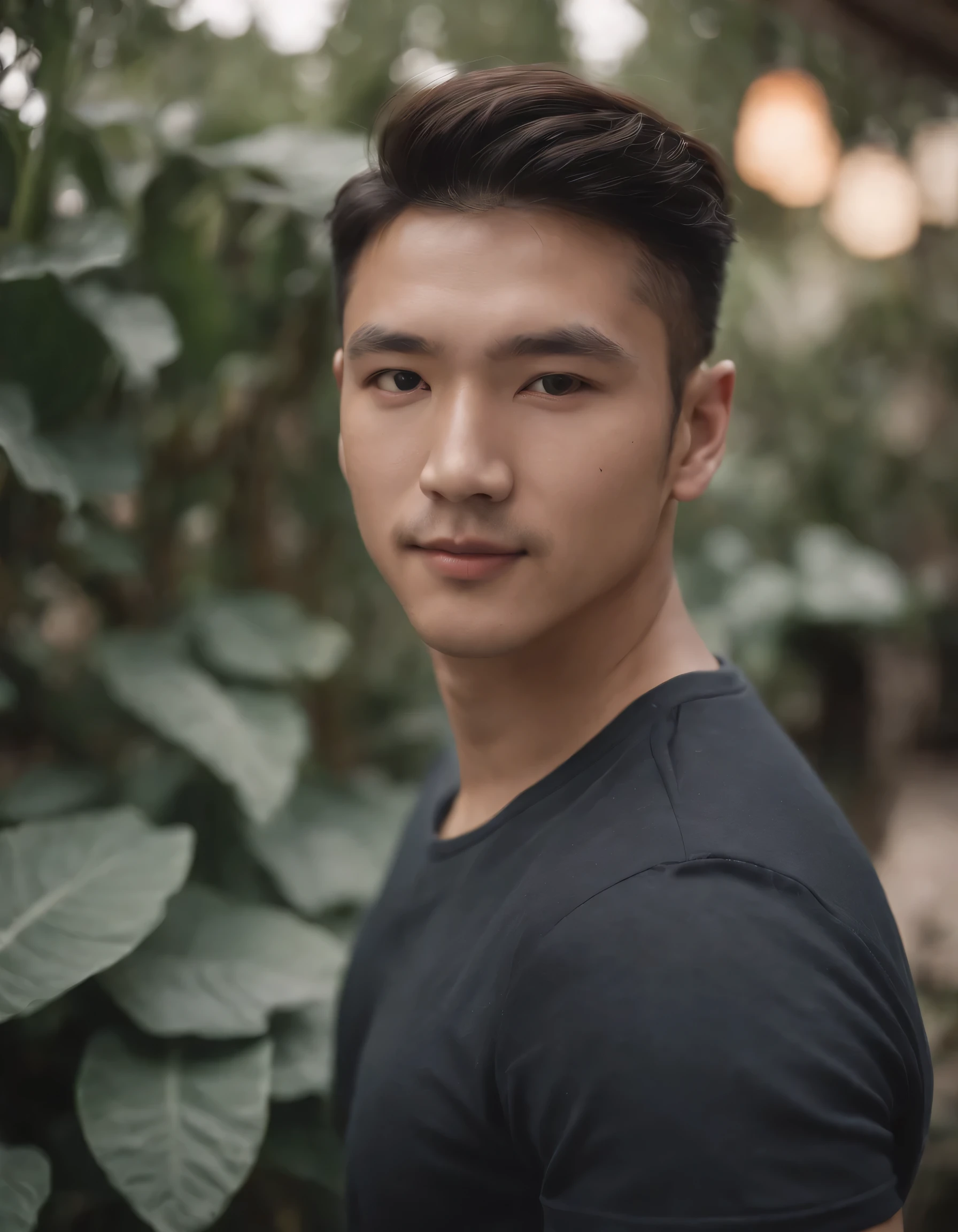 film photography. 35mm photo, movie, Bokeh, Professional, 4K, Highly detailed, 、Shirtless man man standing in front of some plants, Dark Polo Shirt, Thin, Modern realism portrait photography, Genderless, Sony Alpha a7 III, vague, Folk portrait, Asian Man, Shy, Smile, medium shot