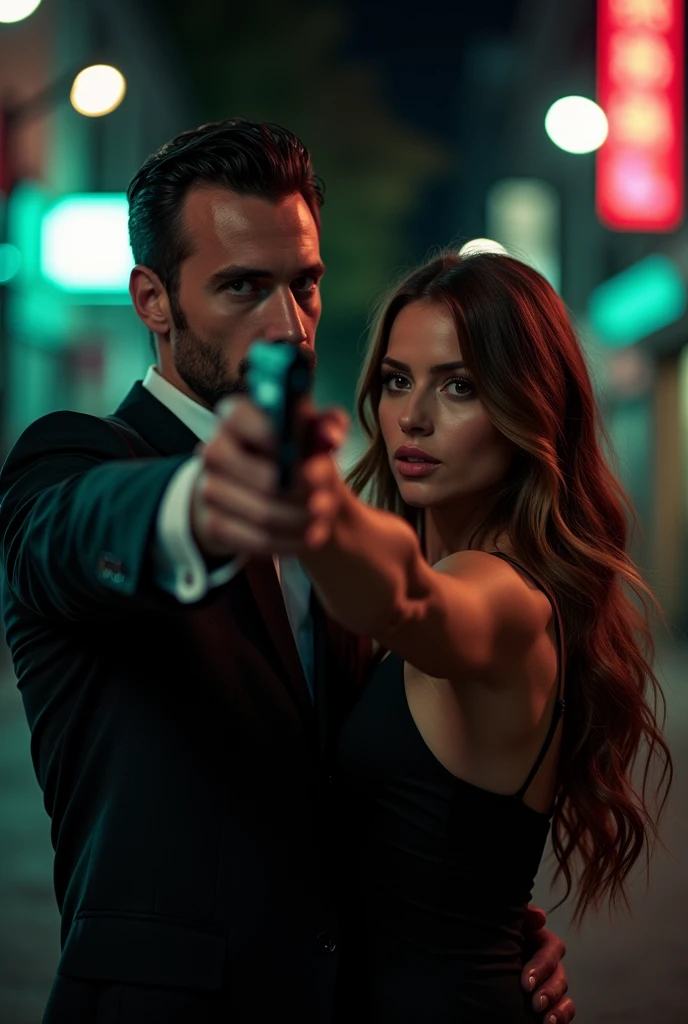 An handsome man in suit holding a gun to an unsuspecting beautiful lady