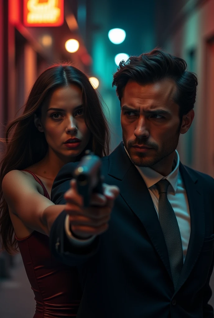 An handsome man in suit holding a gun to an unsuspecting beautiful lady