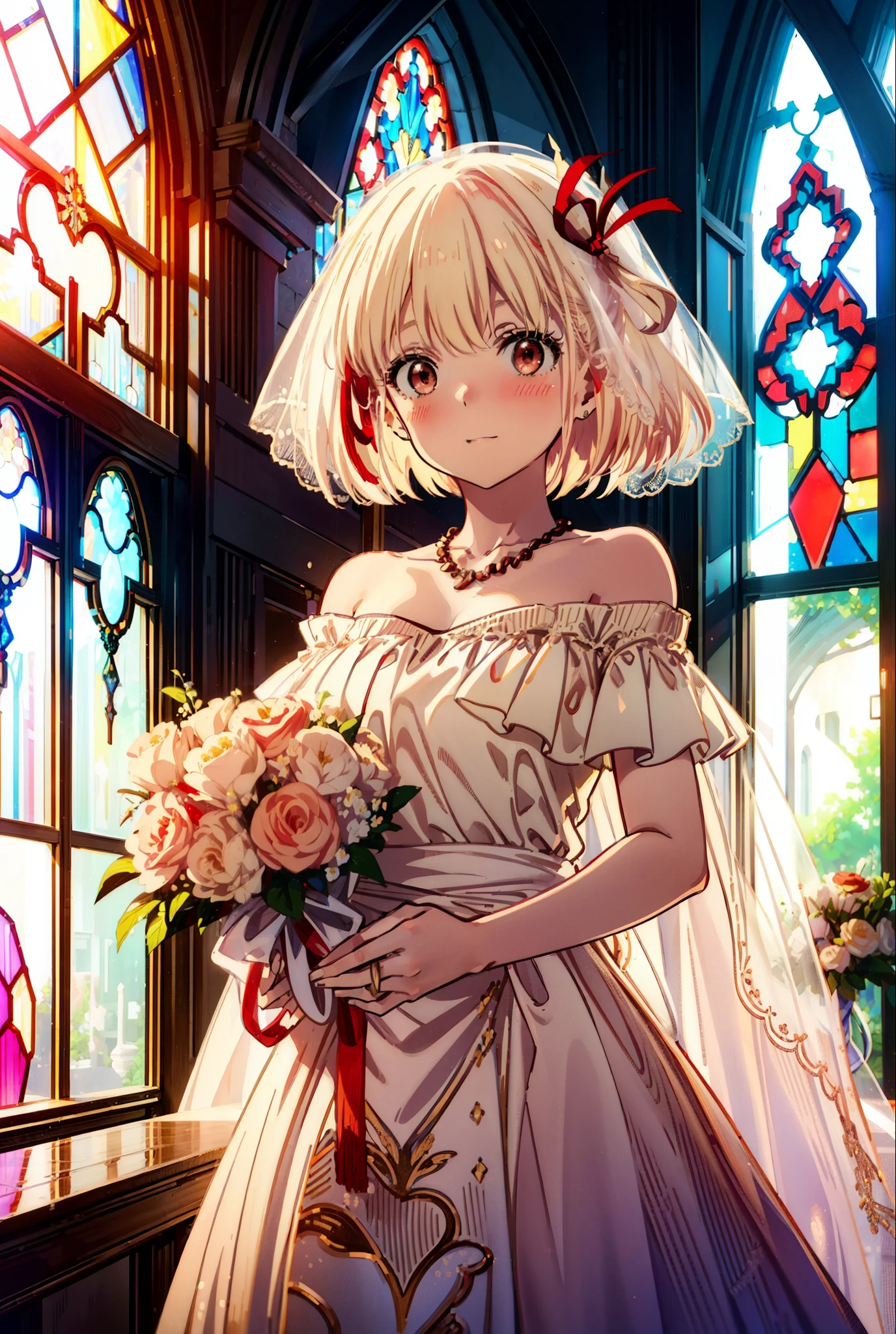 chisato nishikigi, short hair, bangs, blonde, (Red eyes:1.5), Hair Ribbon, One side up, Bobcut,Veil,off-the-shoulder wedding dresses,necklace,Veil,wedding long skirt,Stained glass,holding a bouquet of flowers in both hands,smile,blush,It's like being completely immersed in an illustration.,Daytime,sunny,
break indoors, Chapel,church,
break looking at viewer, Upper Body,(Cowboy Shot:1.5),
break (masterpiece:1.2), Highest quality, High resolution, unity 8k wallpaper, (shape:0.8), (Beautiful attention to detail:1.6), Highly detailed face, Perfect lighting, Highly detailed CG, (Perfect hands, Perfect Anatomy),