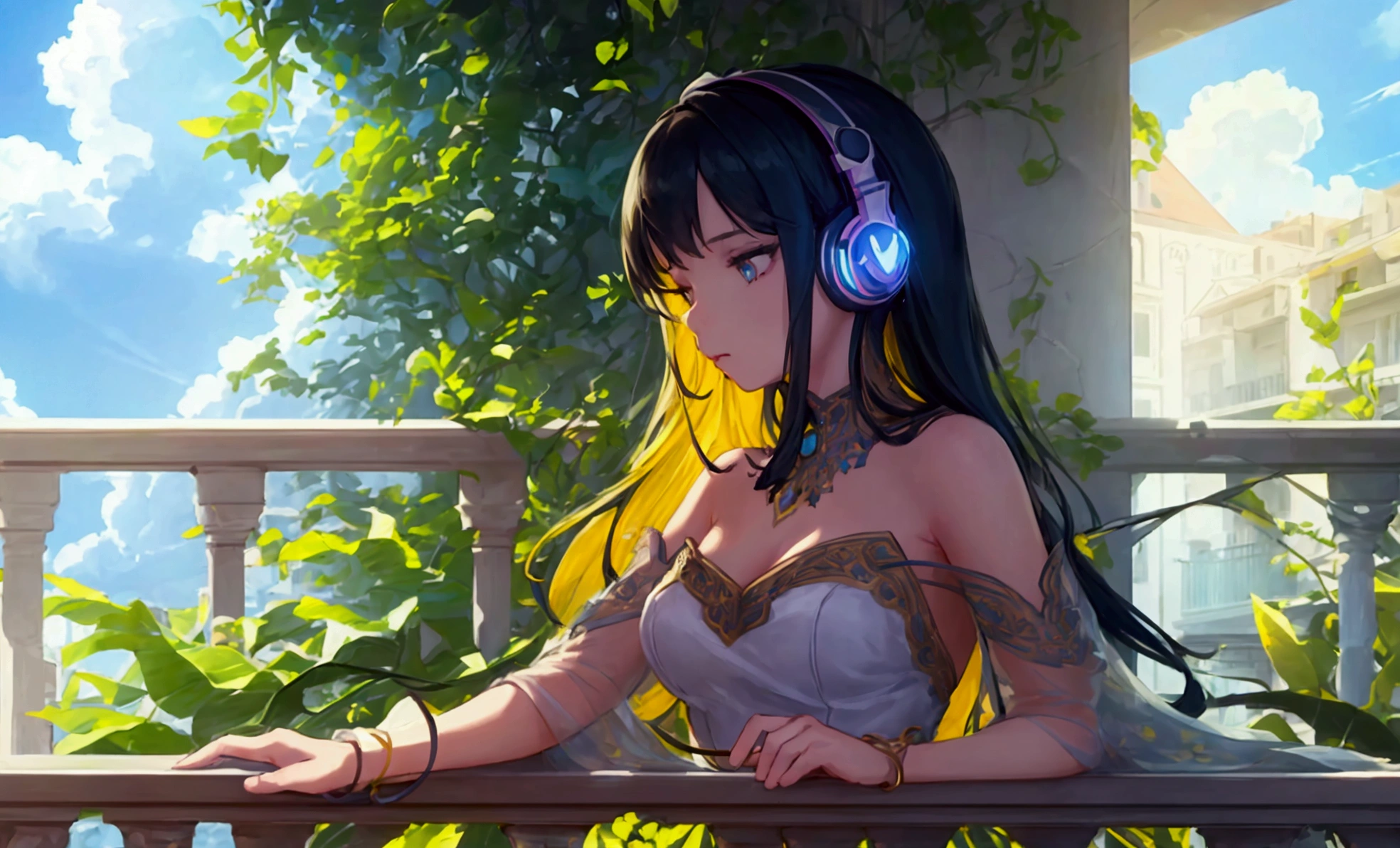 A beautiful detailed girl in a balcony, wearing headphones and listening to music, surrounded by a gorgeous sky with warm sunshine, detailed facial features, elegant pose, intricate balcony railing, lush greenery in the background, cinematic lighting, vibrant colors, photorealistic, highly detailed, masterpiece