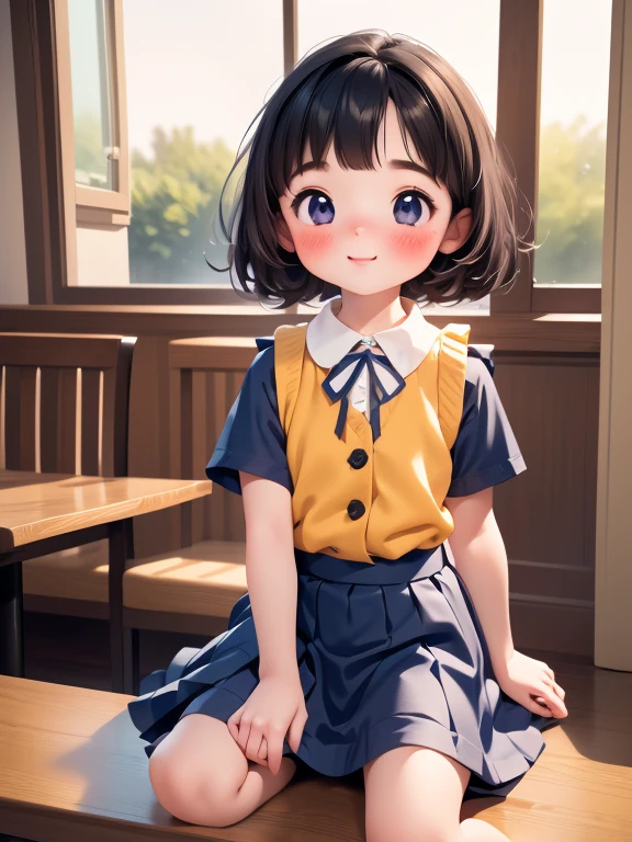 (from the front), Fisheye Lens, 13歳の美しい1 personの少女，1 person、Very short stature:1.3，Small breasts, (kneeling on the table), (Spread your legs), (Pee in a cup:1.3), Convenience store cup, (Classic puffy short sleeve ruffled blouse), (Short mini skirt in dark blue,), (Navy blue maid apron), (Button-down shirt), Name tag，(Neck Ribbon Button Gap)+ Very thin thighs:1.3，loafers, Place your arms behind your back, (View your audience:1.5), (Embarrassing:1.3), (A shy smile), (vapor:1.4), (Girl trembling with sexual climax:1.3), Medium Hair, Black Hair, Bob Hair, Glowing Skin, (coffee shop), (Coffee Server)，window, morning, (crowd:1.3), (masterpiece, Highest quality, High resolution:1.3), Perfect Anatomy，