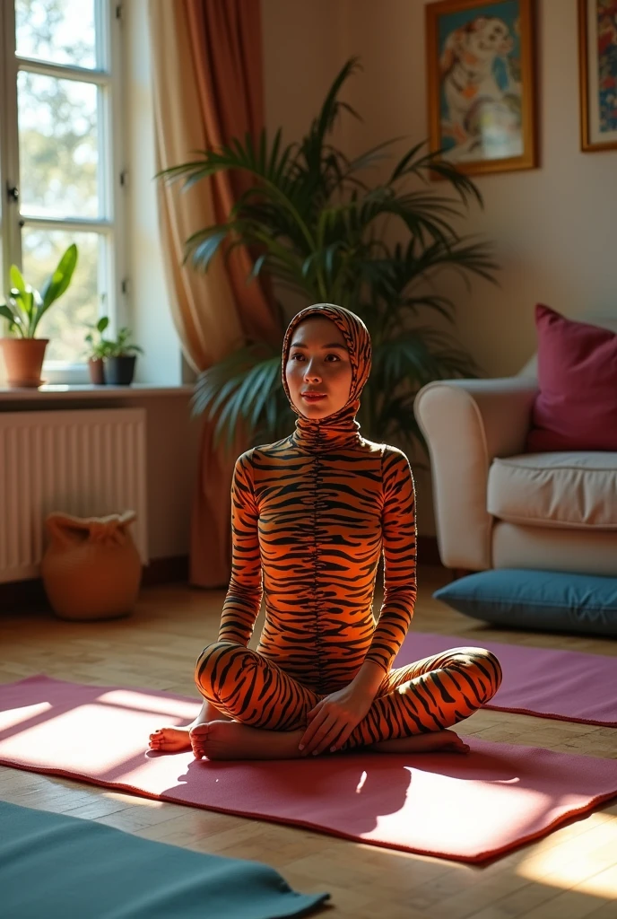 A most beautiful and thin 32 years old chinese contortion girl wearing a glasses wears tiger Lycra footed turtleneck unitard catsuit.She always wear Lycra dancewear hijab-like hood.She has beautiful cheeks on her face.She is at home