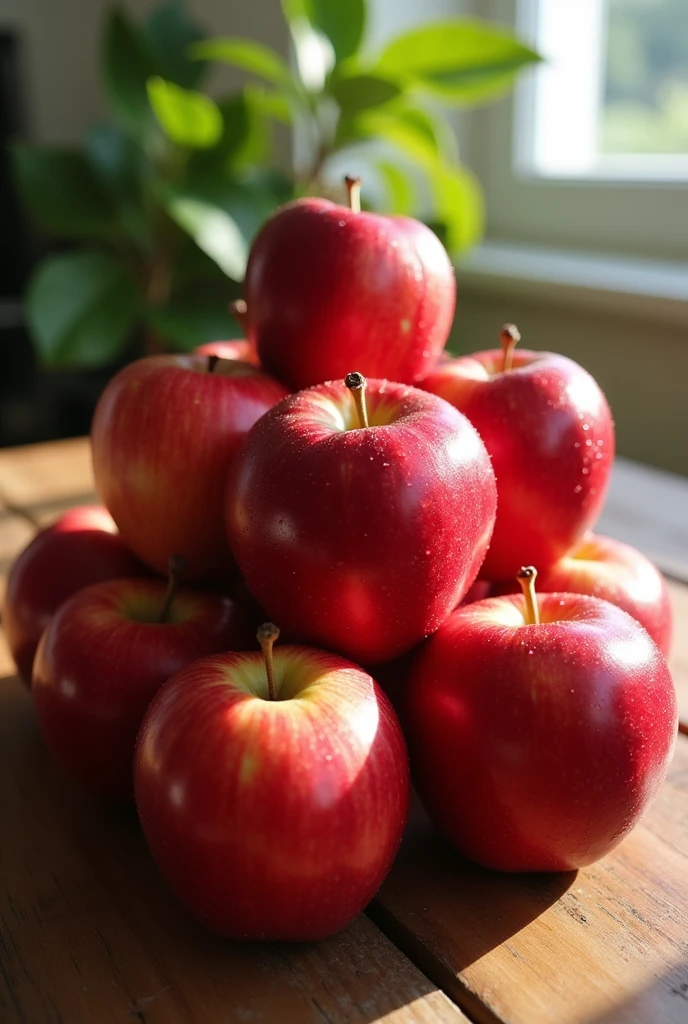 Nine apples, stacked up in a line,