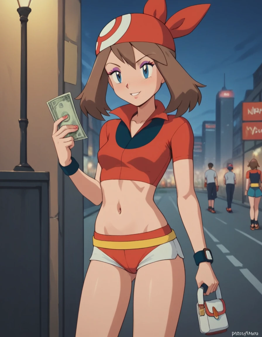 ((sexy girl ,young)) ,nsfw, glamorous, slender, may, pokemon trainer, young girl, prostitute, slutty, prostitute outfit, makeup, eyeshadow, city,