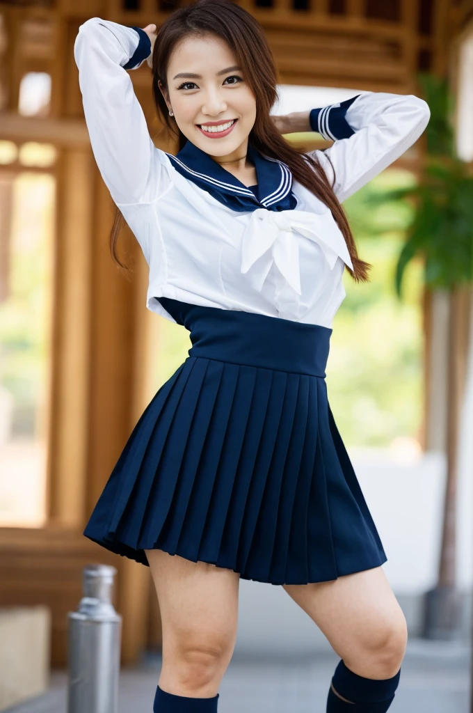 ultra-detailed, (perfect anatomy:1.3999), (close-up shot, side view:1.399), (ultra beautiful perfect detailed smile face:1.3999), (finely ultra-detailed eyes:1.3999), slim waist, curvy hourglass figure, perfect and proportional body, (((glamorous athletic Japanese girl with gallant smile, standing in sexy pose, one knee bent, put arms up behind head, contrapposto:1.25))), beautiful Asian actress face, ((thick thighs:1.399)), fit curvy physique, inverted body type, attractive feminine curves, ((gigantic breasts:1.25)), (((thick voluptuous arms and legs:1.399))), feminine curvy figure, (style of plump voluptuous body), (plain navy over-the-calf socks, bare knees:1.25), masterpiece, highres, best quality, (realistic), photo-realistic, RAW photo, ultra-detailed, CG, unity, 8k wallpaper, extremely detailed CG, extremely detailed, an extremely delicate and beautiful, extremely detailed, Amazing, finely detail, official art, High quality texture, incredibly absurdres, huge file size, photorealistic, ((serafuku, navy long-sleeved dress shirt, sailor collar, navy pleated mini skirt, bowtie, black high socks)), navy pleated skirt, (tanoasami, long hair, mature female:1.25),