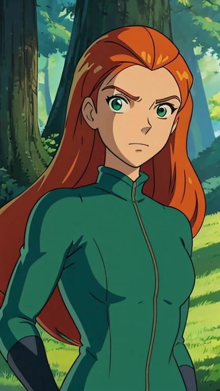 (1girl: sam \(totally spies\)), (extremely detailed CG unit 8k wallpaper),(master part), (best quality), (ultra detail), (best illustration),(GHIBLI_Background), cowboy shot, (Sharp eyeliner, ombre, detailed eyes:1), forest, outdoor, ,break , (StudioGhibliStyleHMC)), upper body, orange hair, long hair, green eyes, green (bodysuit), 