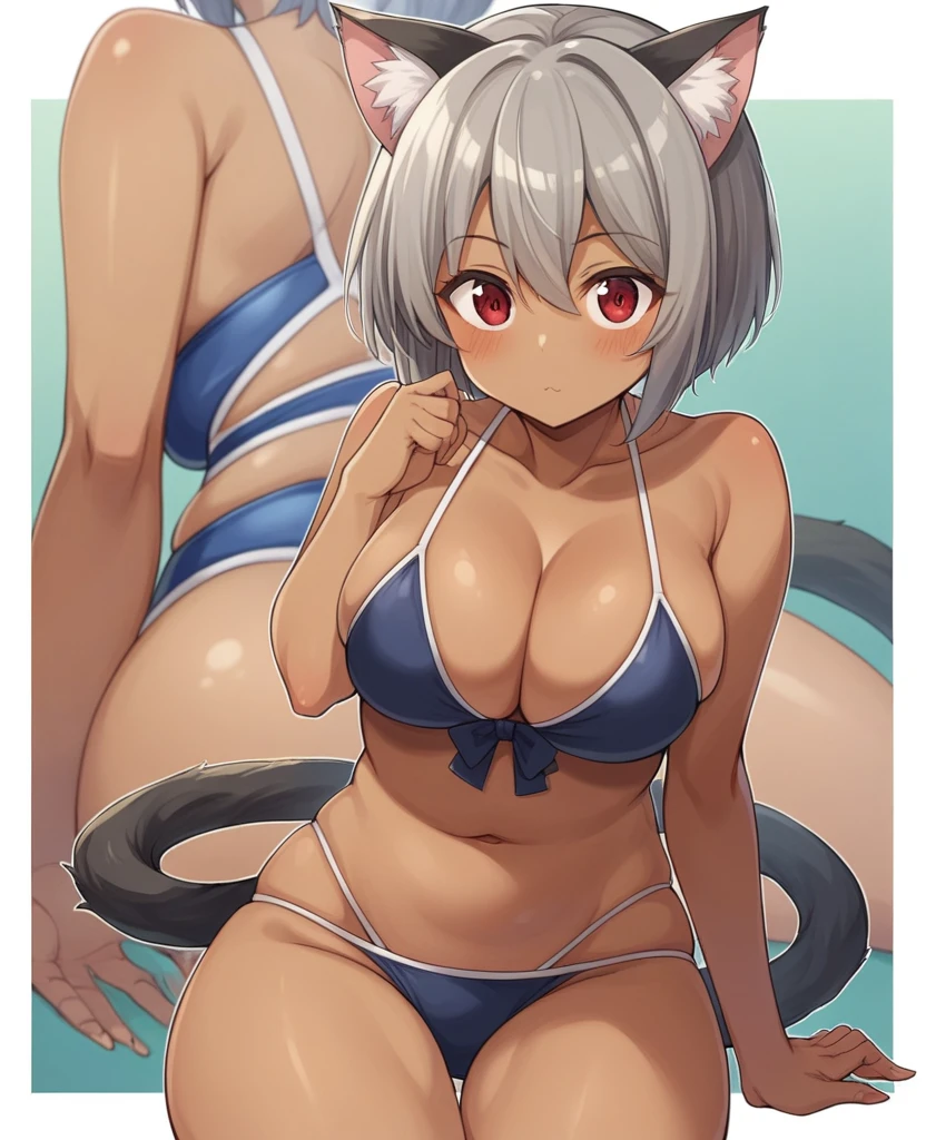 One person、solo、chest、Staring at the audience、short hair、Big Breasts、Red Eye、belly button、Animal Ears、tail、Swimwear、Gray Hair、Thighs、Cat ear、Dark brown skin、Dark brown skinの女性、猫のtail、Zoom Layer,セクシーなSwimwear、センシティブな Swimwear、卑猥なSwimwear、色っぽいSwimwear、きわどいSwimwear、エロいSwimwear, VフロントマイクロプランジSwimwear, (黒いVフロントマイクロプランジSwimwear)