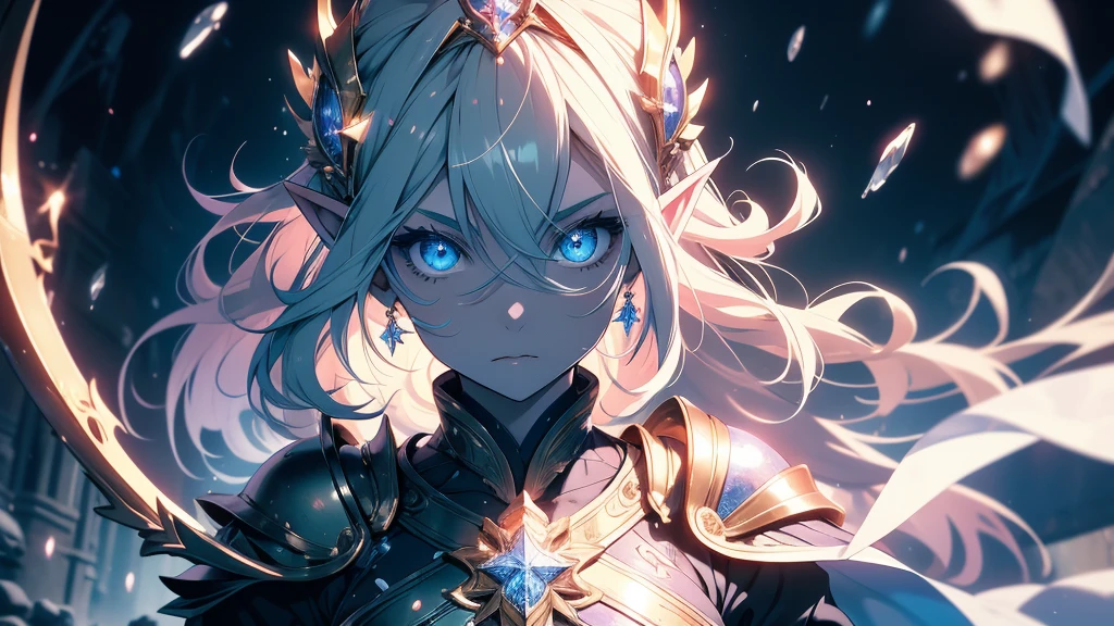 masterpiece, 1girl, armor, spell, mage, elf, scary, glow, particles, shining brightly eyes, stunning, spectral, snow, gorgeous, perfect face, expressive eyes, cute,