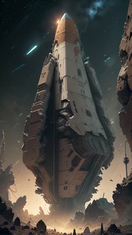 Fantasy,On another planet,A giant cigar-shaped spaceship is stationary.,The spaceship is broken,Outside the spacecraft, A beautiful female astronaut is repairing it,Flat Chest,Young Face,Young Body,There are many destroyed spaceships,Scalability,Great details,Cinema Lenses,Wide-angle composition,Blurred,Starry Sky,Indian Mythology