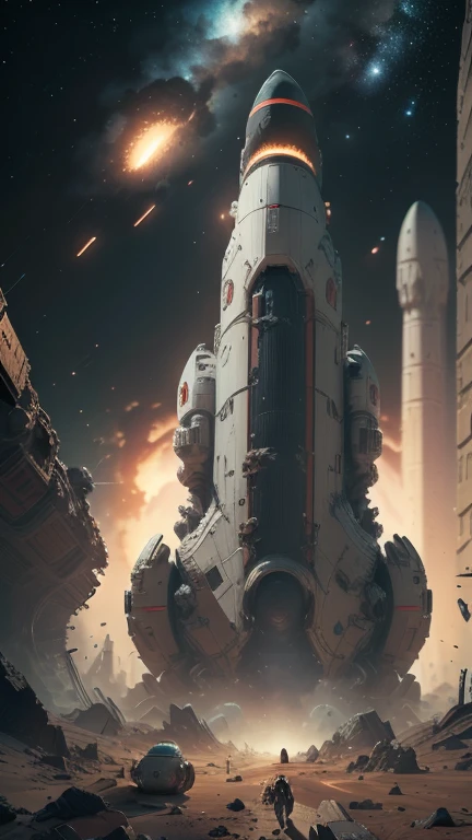 Fantasy，On another planet，A giant cigar-shaped spaceship is stationary.，The spaceship is broken，Outside the spacecraft, A beautiful female astronaut is repairing it，Flat Chest，Young Face，Young Body，There are many destroyed spaceships，Scalability，Great details，Cinema Lenses，Wide-angle composition，Blurred，Starry Sky，Indian Mythology
