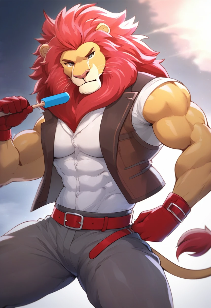 Paddle Pop lion, paddle pop begins cartoon, wears a white shirt with details in the collared with a brown vest, red gloves,gray pants thick fabric, red belt in style feline and boots red with details, extremely beautiful face, muscular body, gentle look, hot, tall, slender, standing in the fighting stance
