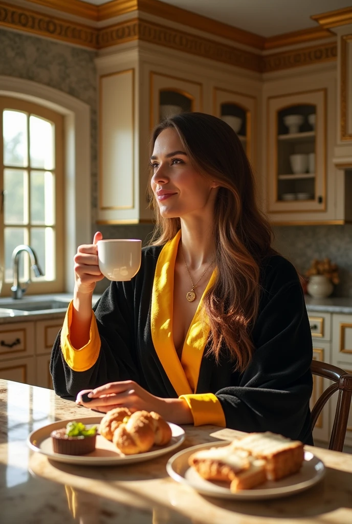 A woman with long brown hair wearing a black and yellow bathrobe is having breakfast in her luxurious kitchen. She is wearing a necklace with a moon pendant.