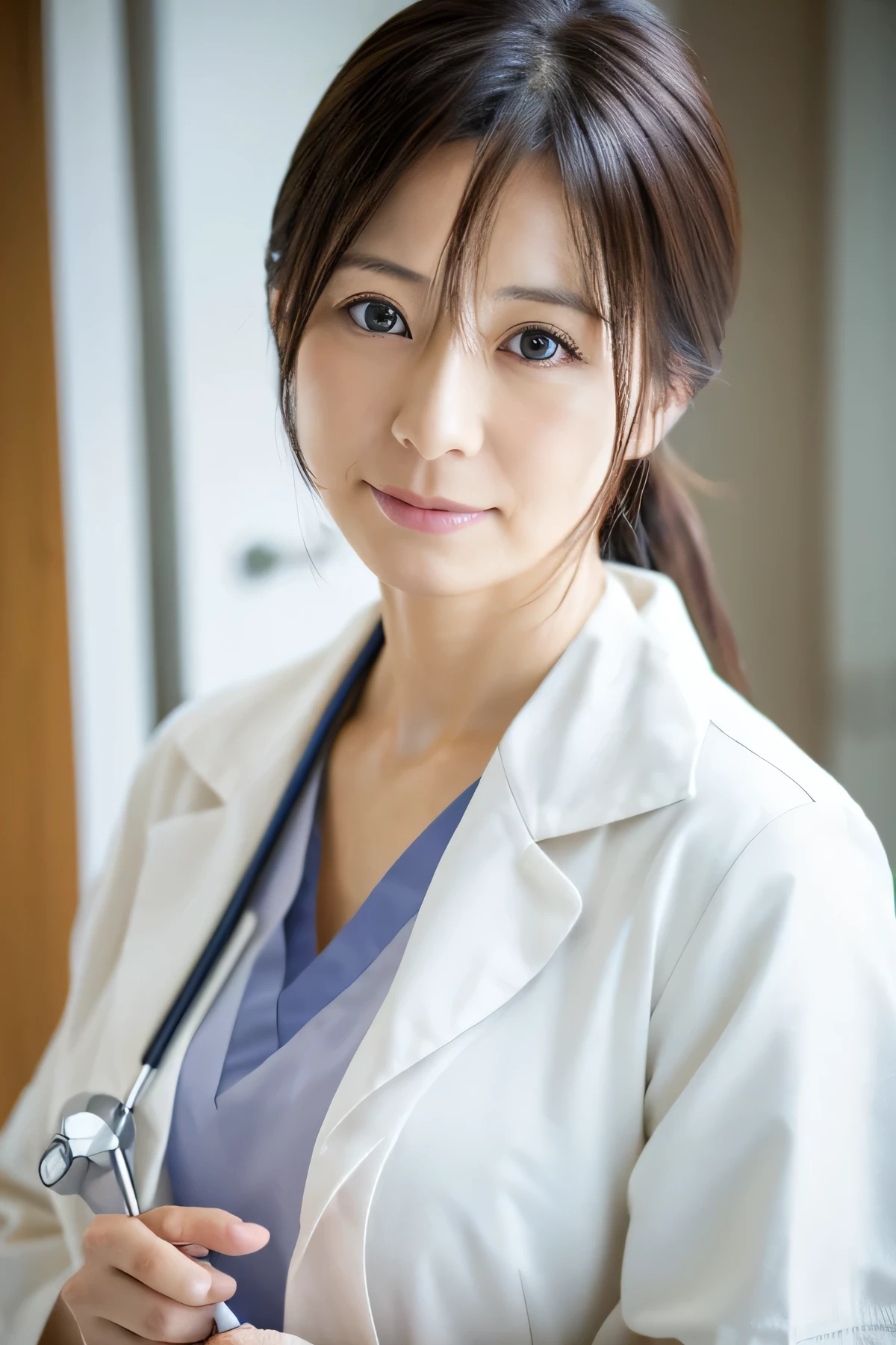 Photorealistic, high resolution, High resolution,Japan Beautiful Nurse, 44 years old, Mature Woman, White Lab Coat,Taking care of someone,hospital