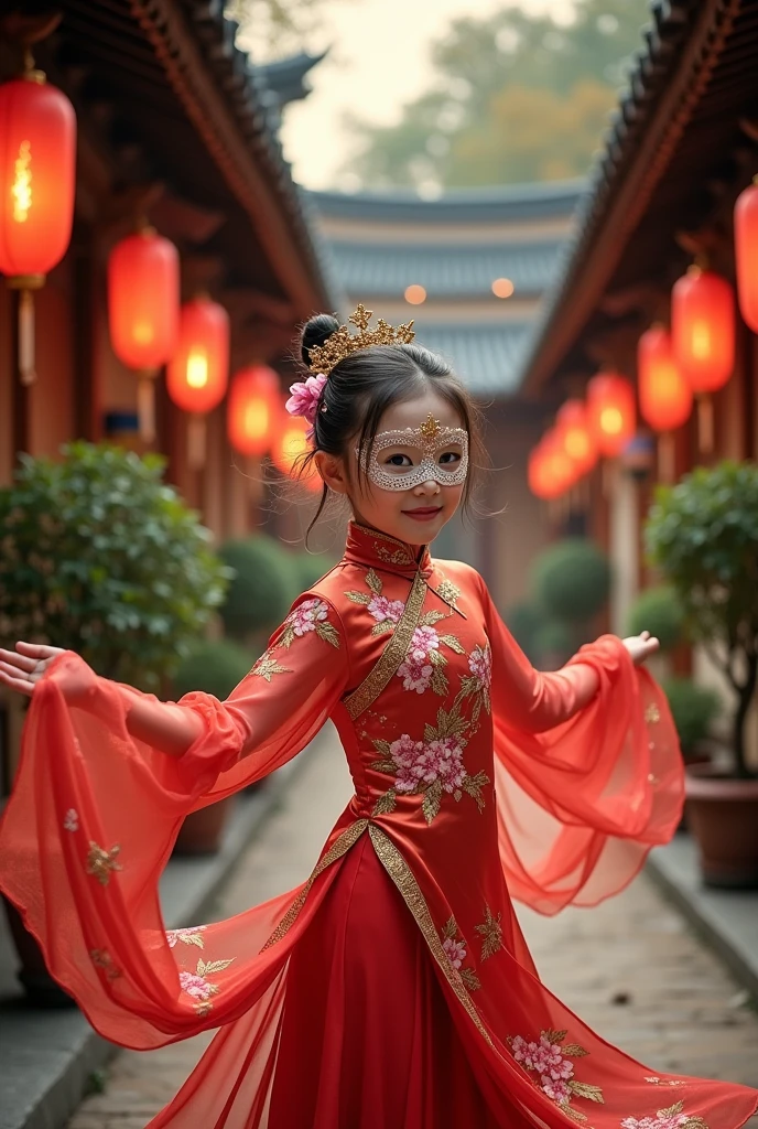 painting of a Chinese dancing girl with a face covering