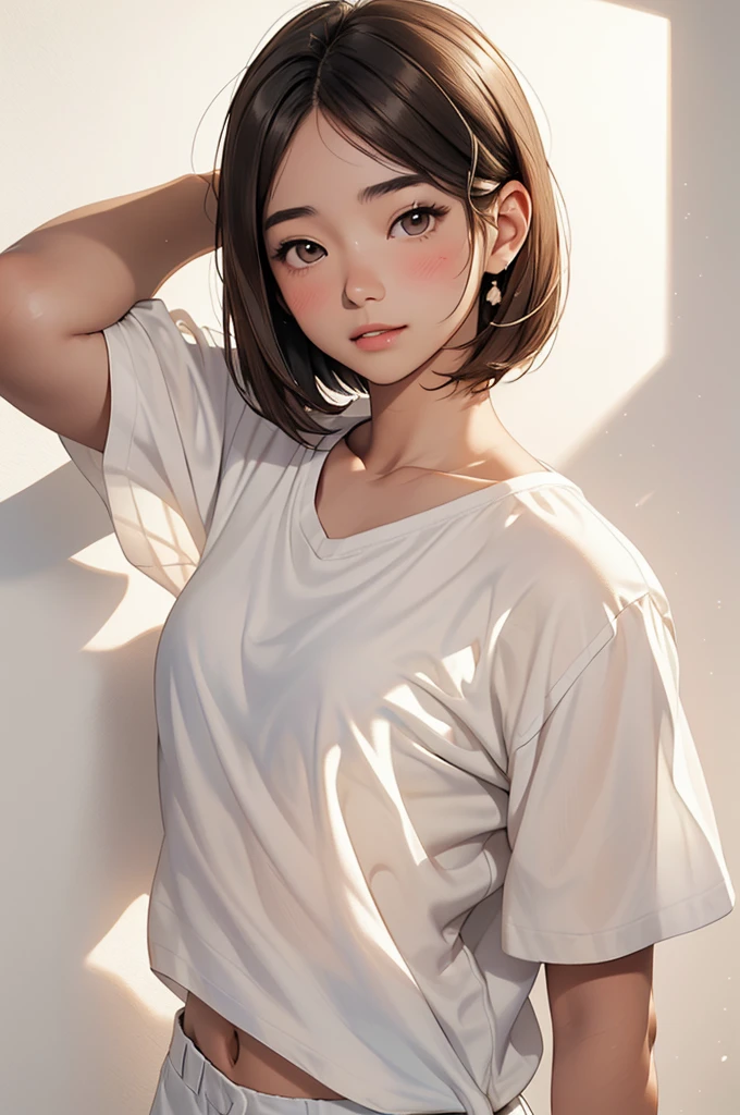 High Definition, Beautiful Japanese Idol Teenage Girl with Dark Hair, Beautiful Droopy Brown Eyes, ((Very Short Bob Hair)), Silk Skin, Blush, Photorealistic, Portrait, Masterpiece Painting, One Woman (White Shirt:1.5), Flat Breasts, 8K, White Wall Background, Shadow