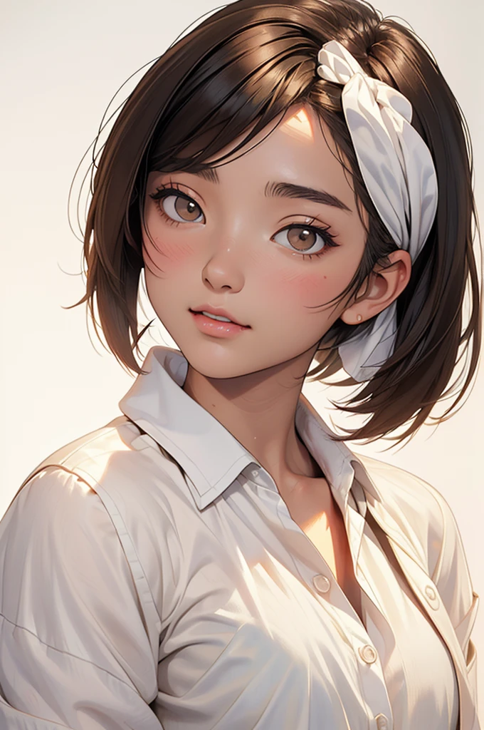 High Definition, Beautiful Japanese Idol age Girl with Dark Hair, Beautiful Droopy Brown Eyes, ((Very Short Bob Hair)), Silk Skin, Blush, Photorealistic, Portrait, Masterpiece Painting, One Woman (White Shirt:1.5), Flat Breasts, 8K, White Wall Background, Shadow