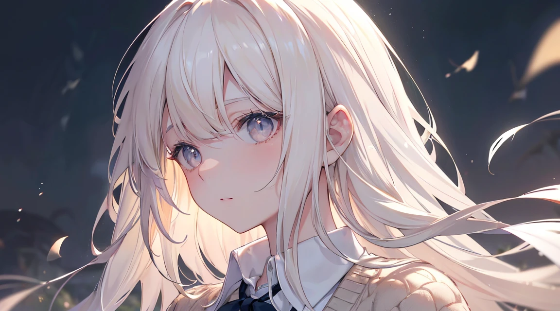 (Long Hair, bangs, Platinum Blonde Hair, profile:1.2),(Wear a cardigan over a collared shirt:1.2),1 person,Japanese,21 years old,(Small breasts:1.3),(Highest quality,masterpiece:1.3,超A high resolution,),(Ultra-detailed,Caustics),(Photorealistic:1.4,RAW shooting,)Ultra-Realistic Capture,Very detailed,High resolution 16K human skin close-up。 Natural skin texture、,Pores、、It needs to be detailed enough to be easily identifiable。 Skin should be even-toned and healthy looking。 Use natural light and colour, Sad expression, Looking at the camera, Perfect dynamic composition, Outdoor