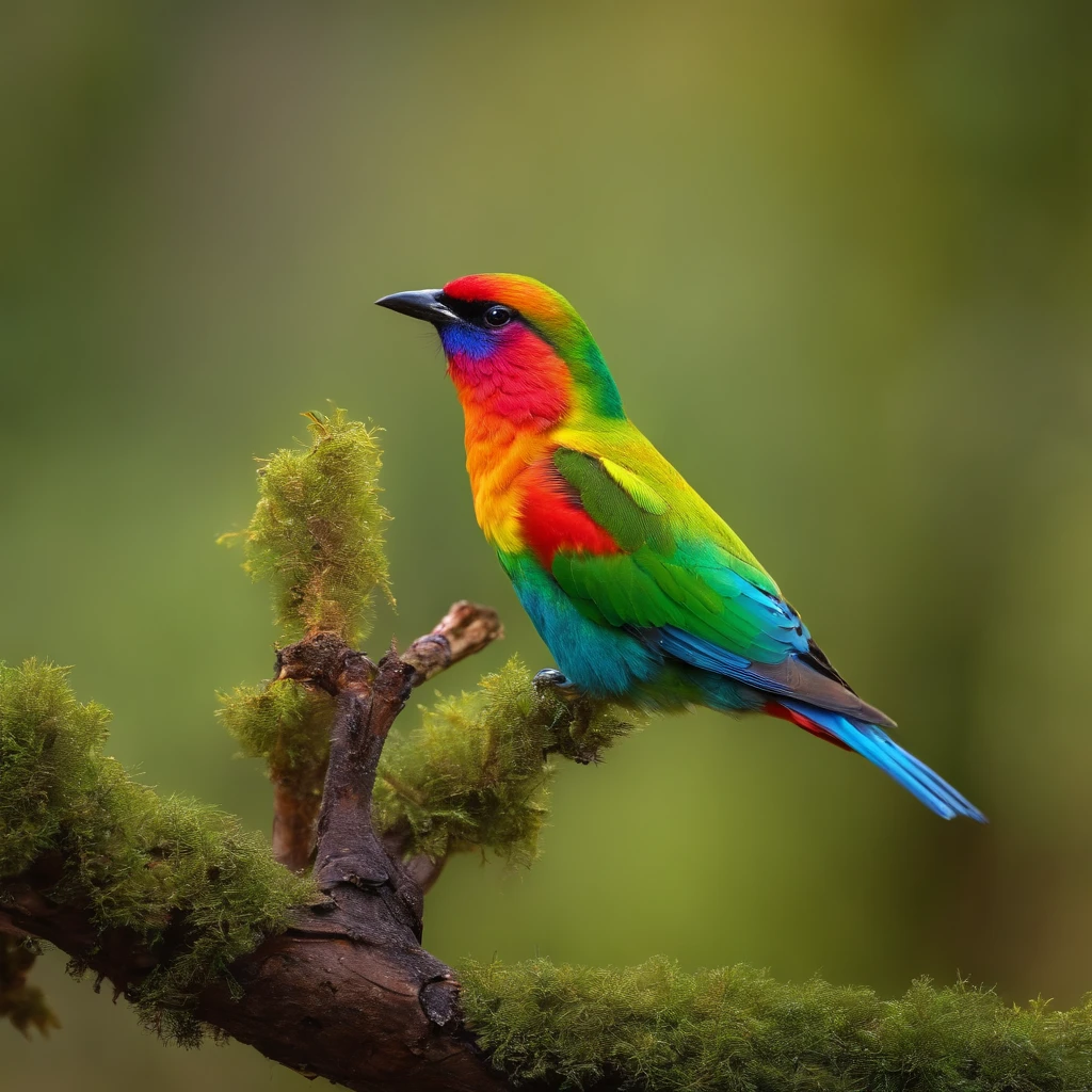 A rainbow-colored bird perched on a branch.