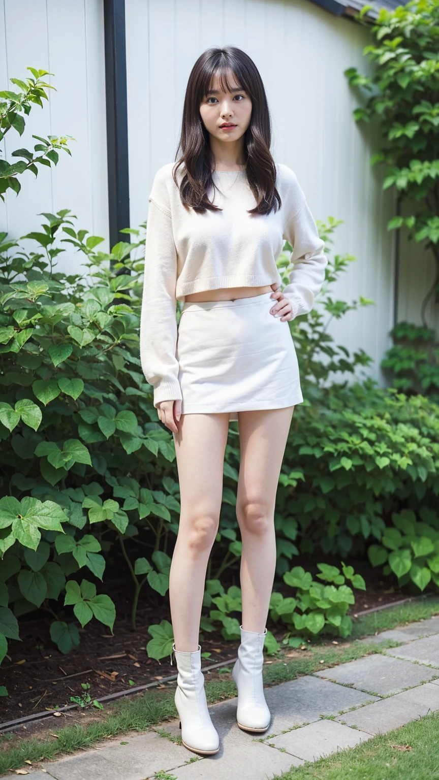 (8k、RAW Photos、Highest quality、masterpiece:1.2)、(Realistic、Realistic)、1 person、((White sweater、Black Mini Skirt、Medium Hair、garden、garden、Breast enlargement、boots、cool、Thin legs、whole body、View from the front、Looking into the camera、Stand with hands on hips))、cute