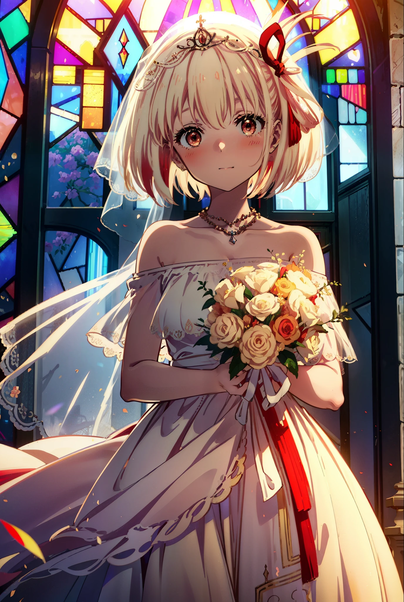 chisato nishikigi, short hair, bangs, blonde, (Red eyes:1.5), Hair Ribbon, One side up, Bobcut,Veil,off-the-shoulder wedding dresses,necklace,Veil,wedding long skirt,Stained glass,holding a bouquet of flowers in both hands,smile,blush,It's like being completely immersed in an illustration.,Daytime,sunny,
break indoors, Chapel,church,
break looking at viewer, Upper Body,(Cowboy Shot:1.5),
break (masterpiece:1.2), Highest quality, High resolution, unity 8k wallpaper, (shape:0.8), (Beautiful attention to detail:1.6), Highly detailed face, Perfect lighting, Highly detailed CG, (Perfect hands, Perfect Anatomy),