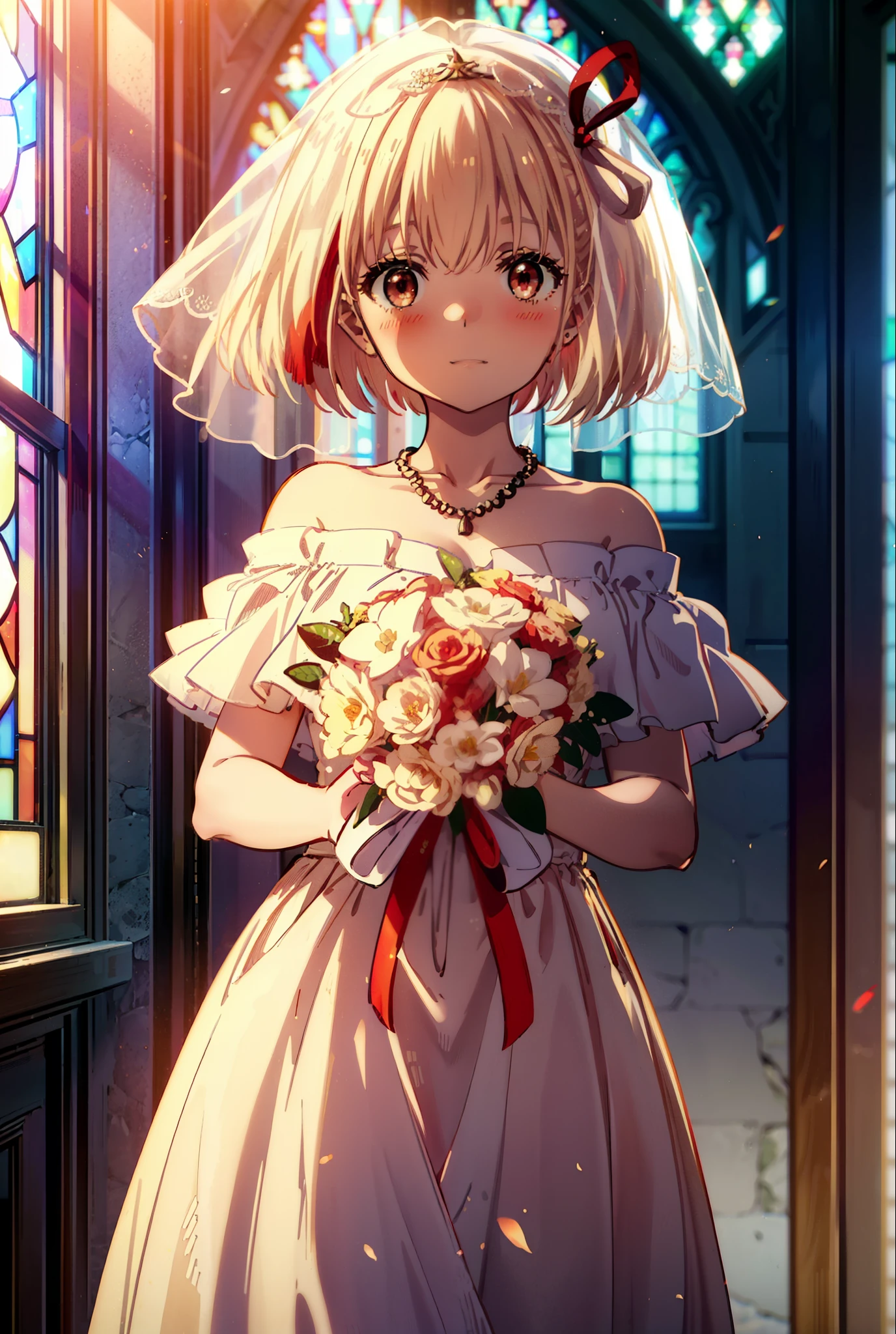 chisato nishikigi, short hair, bangs, blonde, (Red eyes:1.5), Hair Ribbon, One side up, Bobcut,Veil,off-the-shoulder wedding dresses,necklace,Veil,wedding long skirt,Stained glass,holding a bouquet of flowers in both hands,smile,blush,It's like being completely immersed in an illustration.,Daytime,sunny,
break indoors, Chapel,church,
break looking at viewer, Upper Body,(Cowboy Shot:1.5),
break (masterpiece:1.2), Highest quality, High resolution, unity 8k wallpaper, (shape:0.8), (Beautiful attention to detail:1.6), Highly detailed face, Perfect lighting, Highly detailed CG, (Perfect hands, Perfect Anatomy),