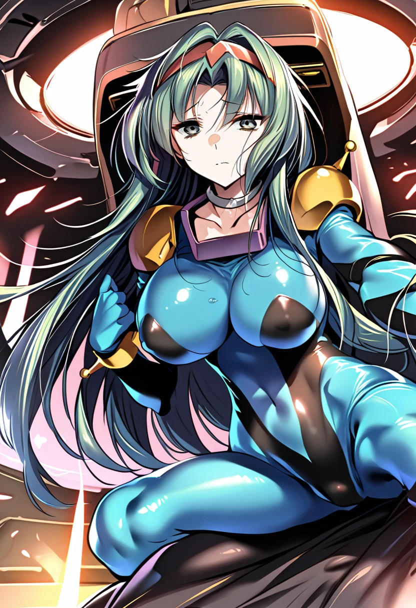 Neck ribbon,Perfect hands, Perfect Fingers,Perfect Anatomy, masterpiece, Highest quality,Anime Style, 16k hdr,(2girls:1.4), Large Breasts,Erect nipples,Blue Hair, Straight Long Hair,Mobile Trace Suit, Shoulder Armor,(Red and blue bodysuit:1.4),Sexy pose, whole body, cockpit,Spread your legs,(Emotionless:1.6,Rape Eyes:1.5),Metal collar