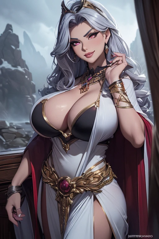 ((masterpiece, best quality, highly dramatic picture, cinematic lens effect, ((busty bitches)), perfect Anatomy, exquisite lighting)) My friend's exotic mom doing a sexy photo shoot(exotic priestess robes, random hair colour, random hairstyle, evil seductive smile, silver bracelet, hair clips,confident pose, glowing dangerous aura)(location: dreary cold mountain outdoor venue)