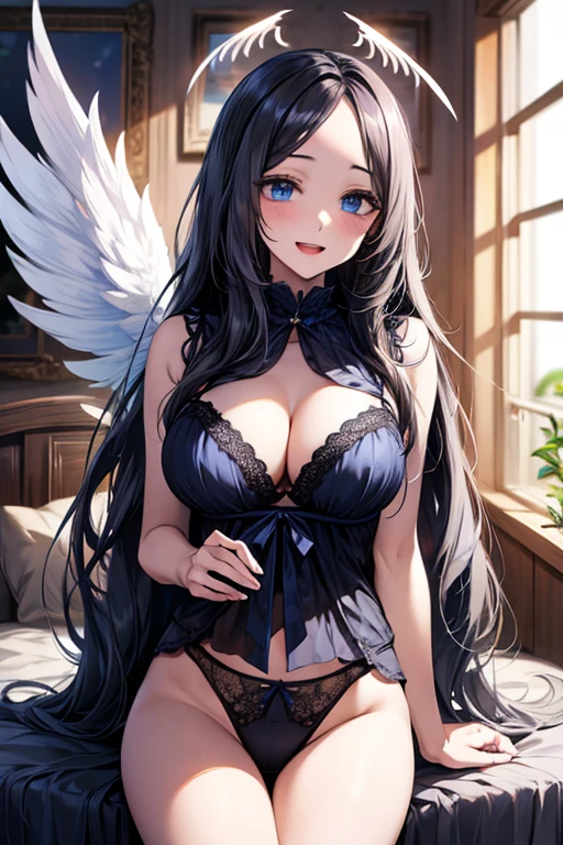 (((forehead))), (((No head wings))), (((light blue lingerie))), (((big white angel wings))),Very detailed、highest quality、Best image quality、masterpiece、8k、Anime Face、A kind smile、Open Mouth、((black long hair:1.5))、((big breast)), sexy、 beautiful body 、Cowboy Shot, Sexual Intercourse, ((blue eyes)), hotel bedroom, busty, buxom, curvy, voluptuous,