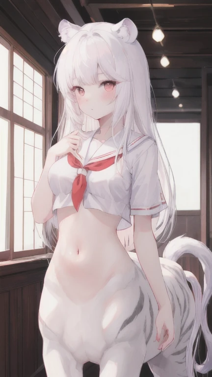 (best quality, masterpiece), 1 girl, centaur, I beg, White skin, Korean schoolgirl, ,black pink, exposing the abdomen, beautiful girl perfect, White tiger photo, 완벽한 White tiger photo
