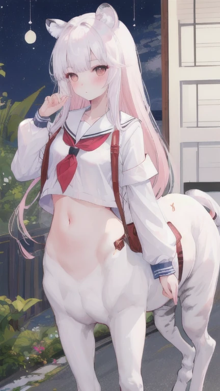 (best quality, masterpiece), 1 girl, centaur, I beg, White skin, Korean schoolgirl, ,black pink, exposing the abdomen, beautiful girl perfect, White tiger photo, 완벽한 White tiger photo