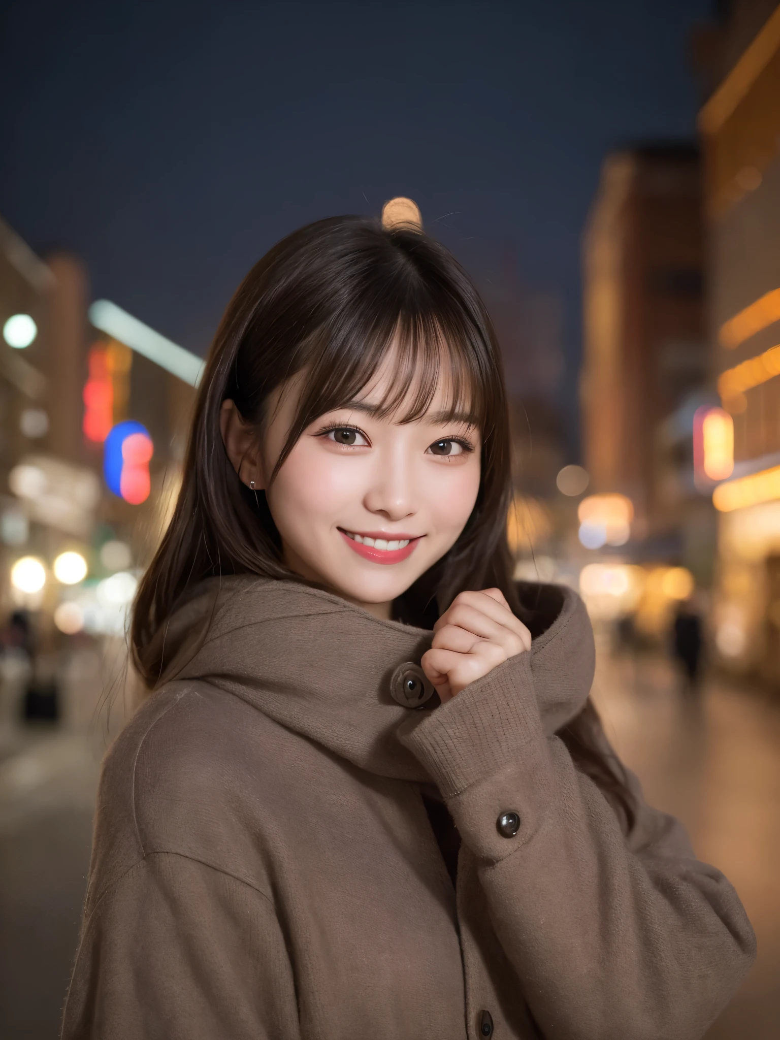  1girl, solo, highres, best_quality, masterpiece, detailed_background, intricate_details, beautiful, hokkaido, hakodate, night_view, city_lights, winter_clothes, serene, smile, looking_at_viewer, dynamic_pose, natural_pose, candid, happy