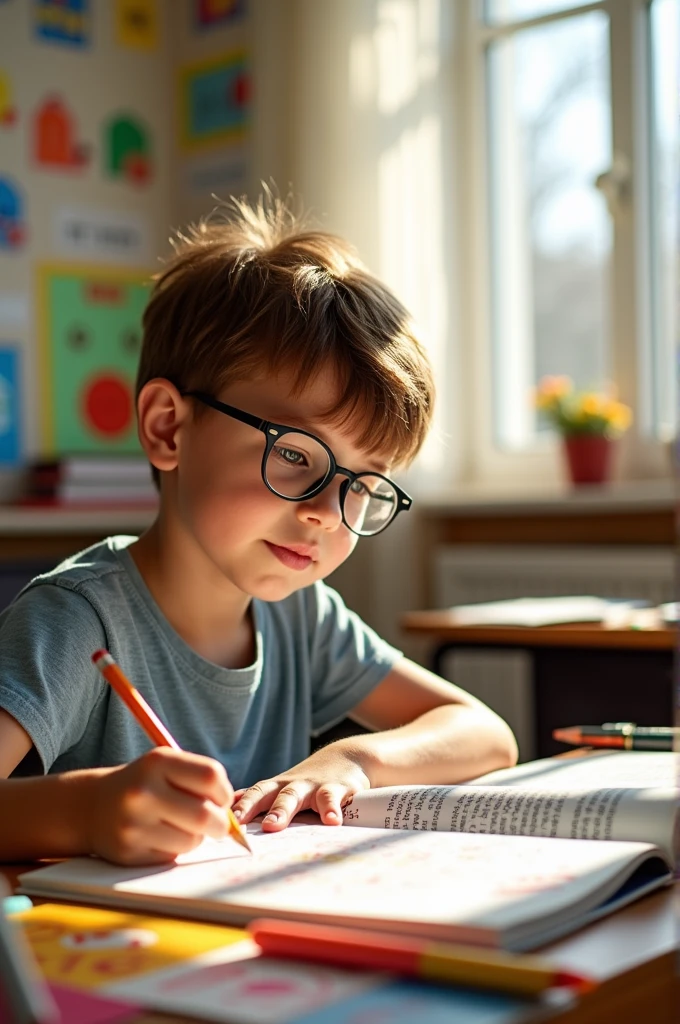 A 9--old is sitting in a classroom studying.