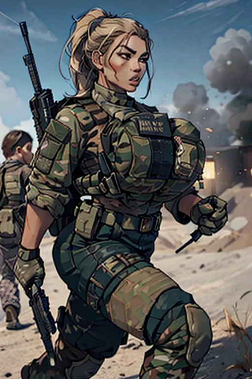 group of female soldiers, war photography, (cinematic lighting:1.1), highest quality, photo of (group of fully dressed really tanned 20yo sexy muscular female army special forces with taut clothing military top, ponytail hair, running holding a rifle), (bouncing breasts, motion lines, motion blur), too tight military shirt, medium_boltedontits, perfectly round breasts, breast implants, unaligned breasts, perfect face, parted lips, dumb expression, (wearing military Combat uniform, battlepack, boots:1.2), athletic body, on the battlefield, fake tits, bootsnutes